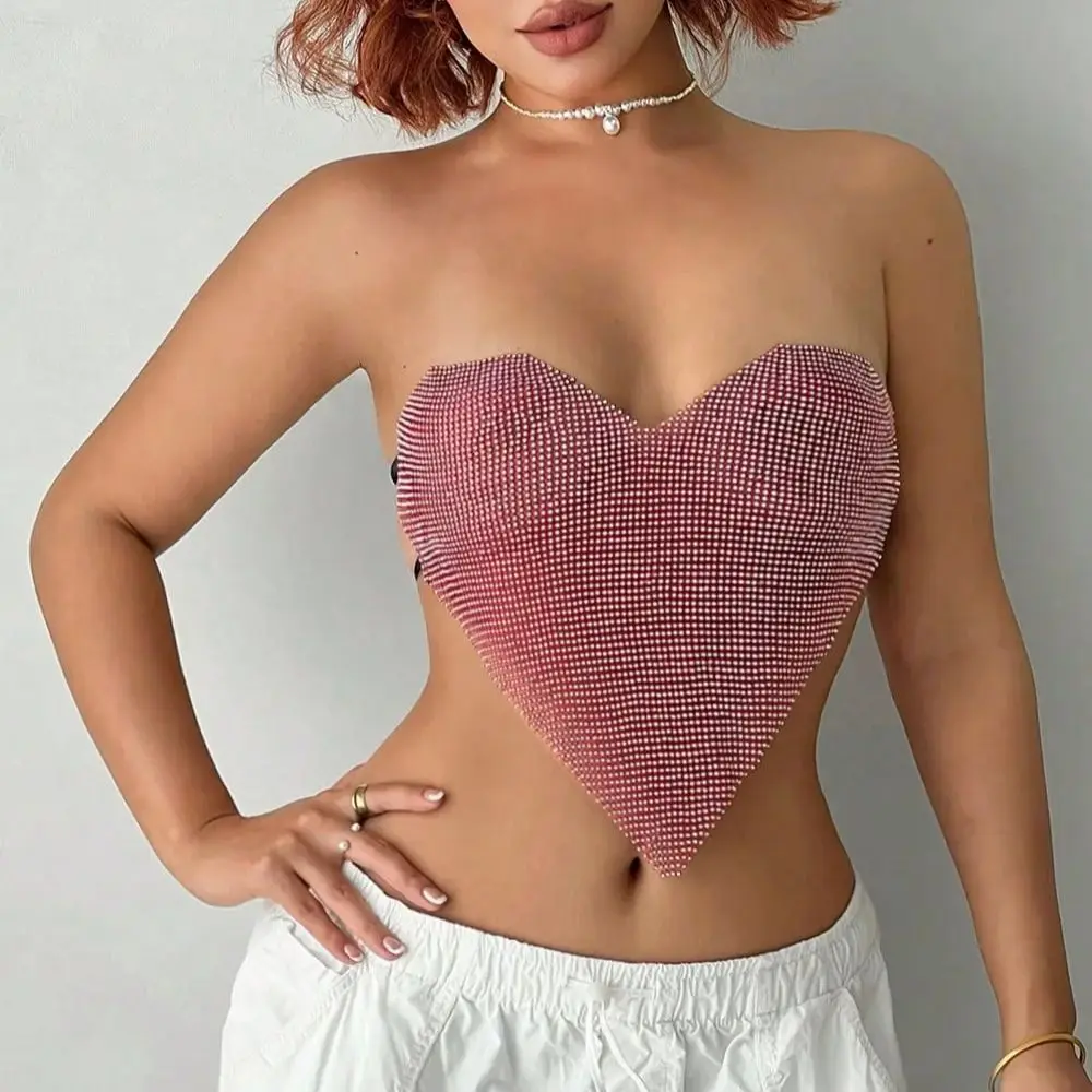 Women Valentine's Day Tank Top Shiny Heart Rhinestone Metal Sequins Backless Bandage Tube Tops Crop Top Party Club Camisole
