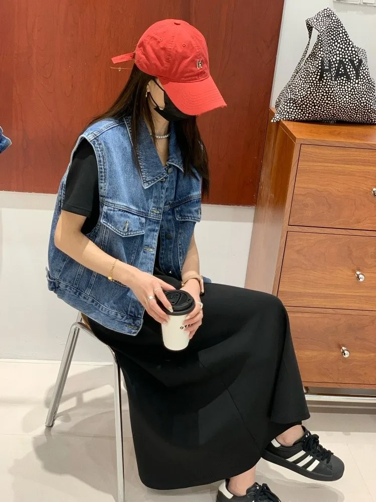 

Женский джинсовый жилет Feita в корейском стиле, приталенный, повседневный, на пуговицах, без рукавов, с отложным воротником