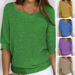 Breathable Sweater Stylish Women's Knitwear Loose Fit Pullover Tops with 3/4 Sleeves for Autumn Winter Women Solid Color Sweater