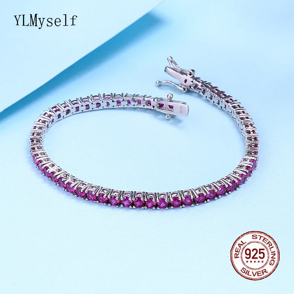 Solid Real Silver Tennis Bracelet Pave 3 mm Ruby Semi Precious Sapphire 15-19 cm Beautiful 925 Fine Jewelry For Women