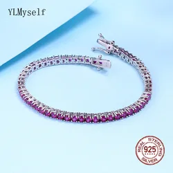 YLMyself 925 Silver Ruby Sapphire Tennis Bracelet 3mm Pave CZ 15-20cm Elegant Fine Jewelry For Women