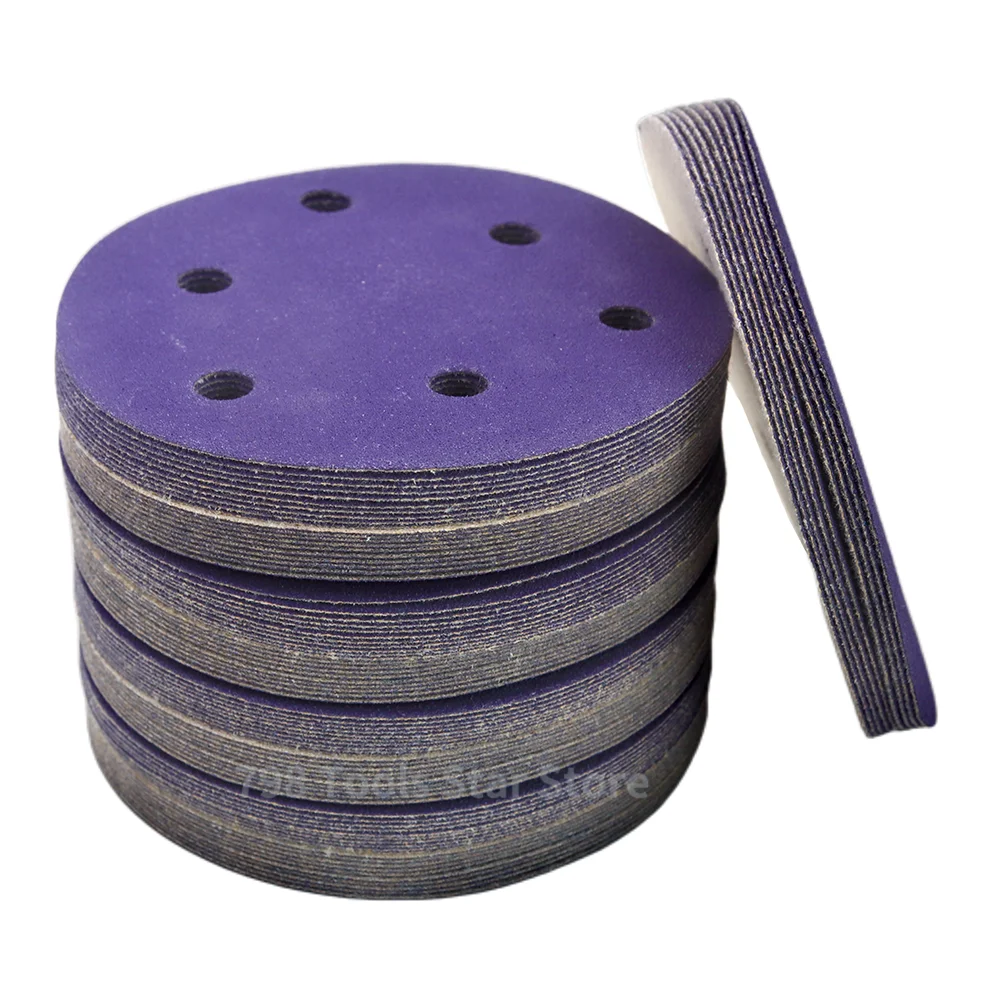100PCS 5 Inch 6 Hole 125mm Ceramic Abrasive Purple Paper Hook and Loop Sanding Discs 40-2000Grit Dry Sanding for Auto Metal Wood