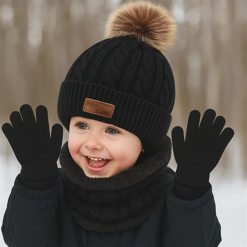 

3pcs/set Solid Color Baby Hat Scarf Gloves Set Comfortable Warmer Knitted Hats Cute Pompom Toddler Bonnet Autumn Winter