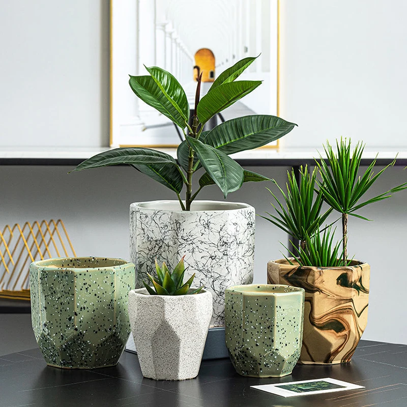 European Ins Matte Sand Glaze Ceramic Flowerpot Simple Polygon Green Plant Potted With Tray Desktop Ornament Gardening