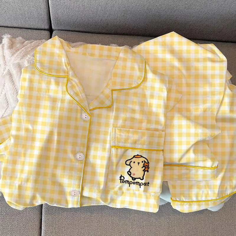 Kawaii Sanrio Pom Pom Purin Women\'s C Cute Anime Yellow Plaid Long Sleeve Long Pants Pajamas Girls Home Clothes