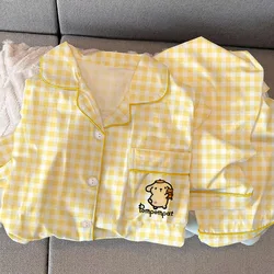 Kawaii Sanrio Pom Pom Purin Women's C Cute Anime Yellow Plaid Long Sleeve Long Pants Pajamas Girls Home Clothes