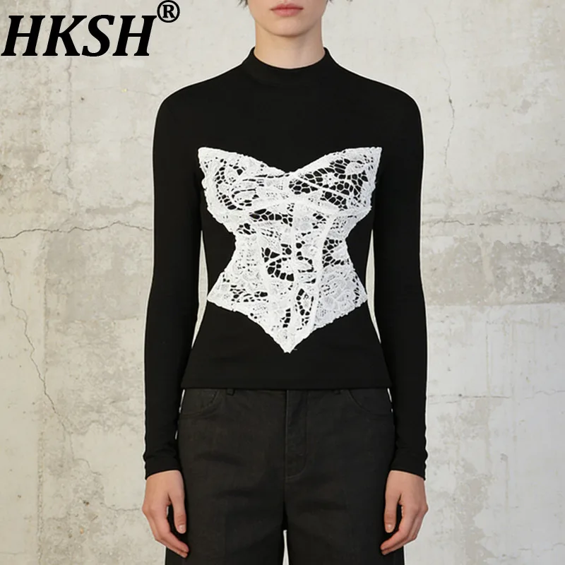 HKSH 2026 Spring New Women T-shirt Long Sleeves Lace Patchwork Color Block Back Zipper Fashion Slimming Elegant Tide Top HK18935