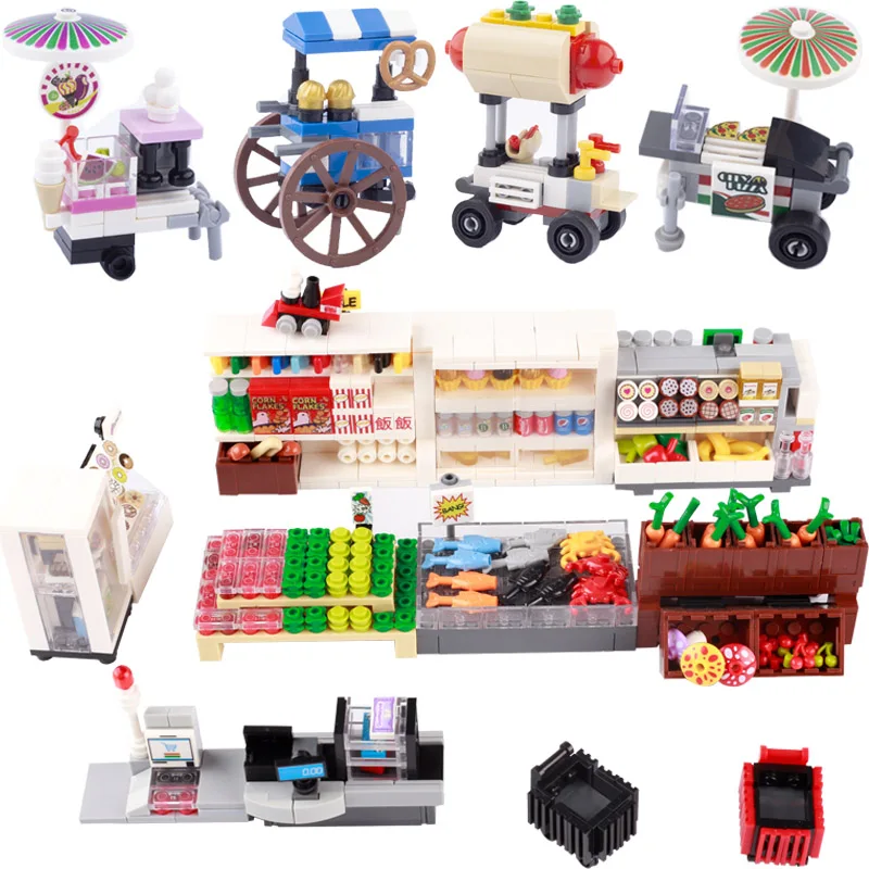 MOC Supermarket Shop Store Building Blocks City Friend Accessories Food Vegetable Dessert Blocks Printed Bricks Classic DIY Toys