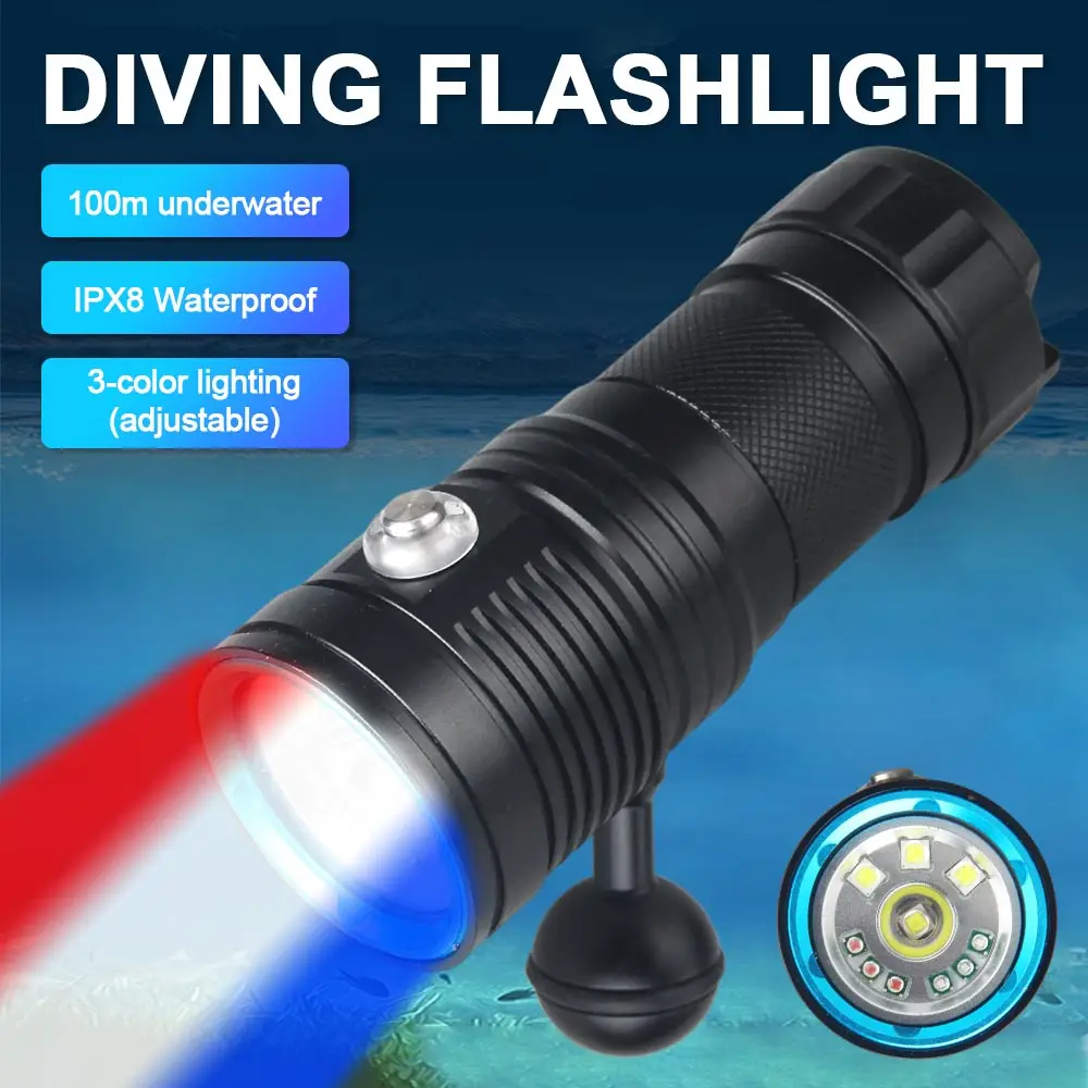 Multifunctional 3-color diving flashlight underwater 100m photography LED light IPX8 flashlight