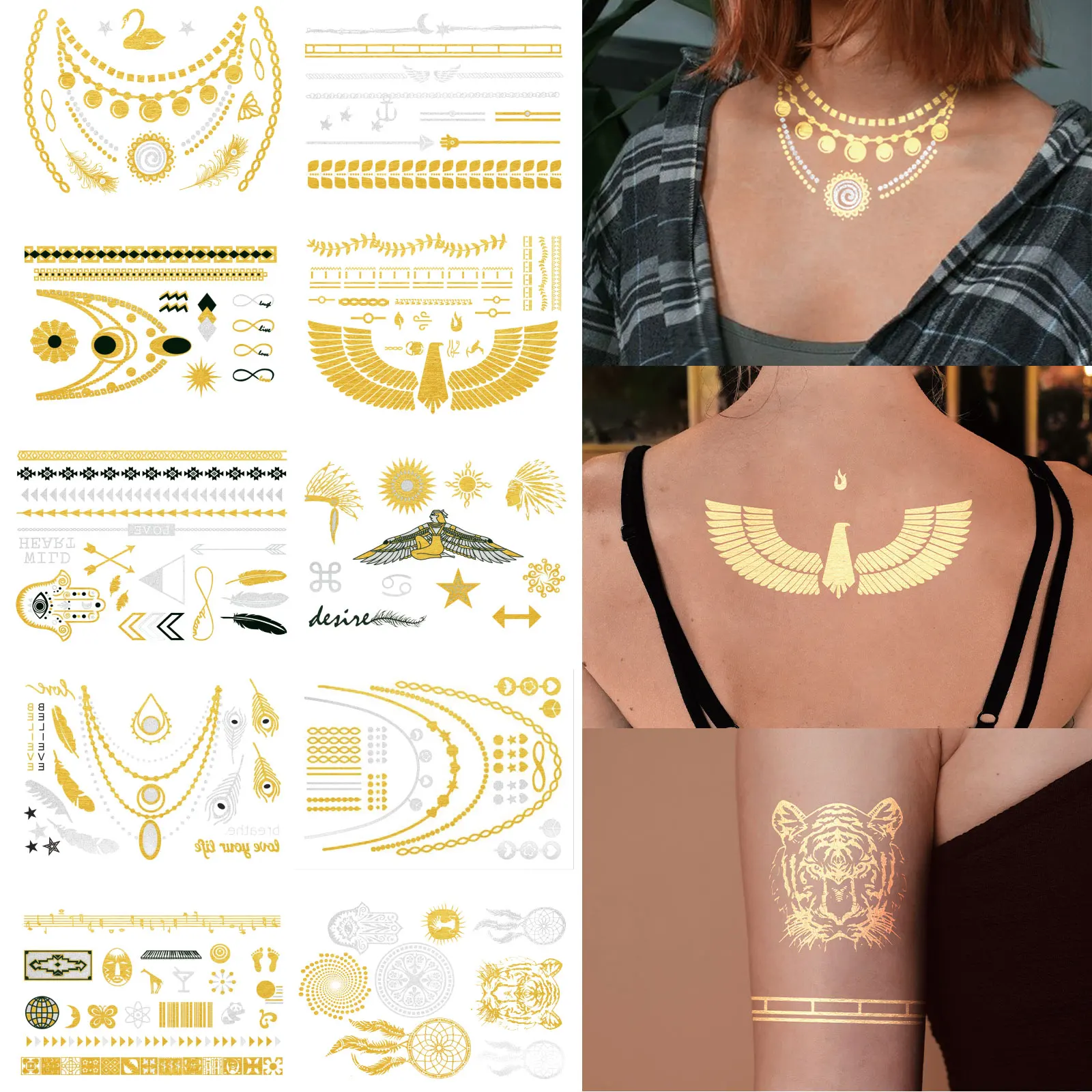 

10pcs/set Hot Stamping Tattoo Stickers Set Gold Silver Waterproof Stickers Disposable Tattoo Stickers for Beach and Party