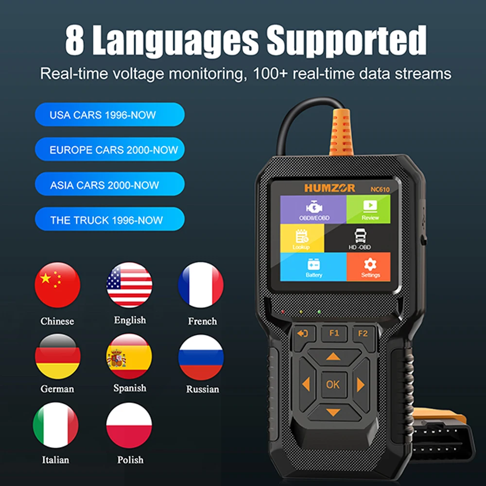 HUMZOR NC610 OBD2 Car Diagnostic Heavy Duty Truck Scanner 12V/24V Engine Battery Test J1939 F1 Multifunctional Code Reader