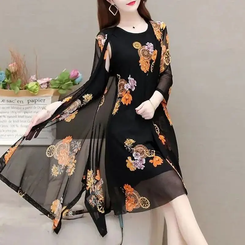 Vintage Flowers Printed Midi Dress Sets Commute Two Piece Women\'s Clothing Summer Thin Casual Oversized A-Line Matching Sets New