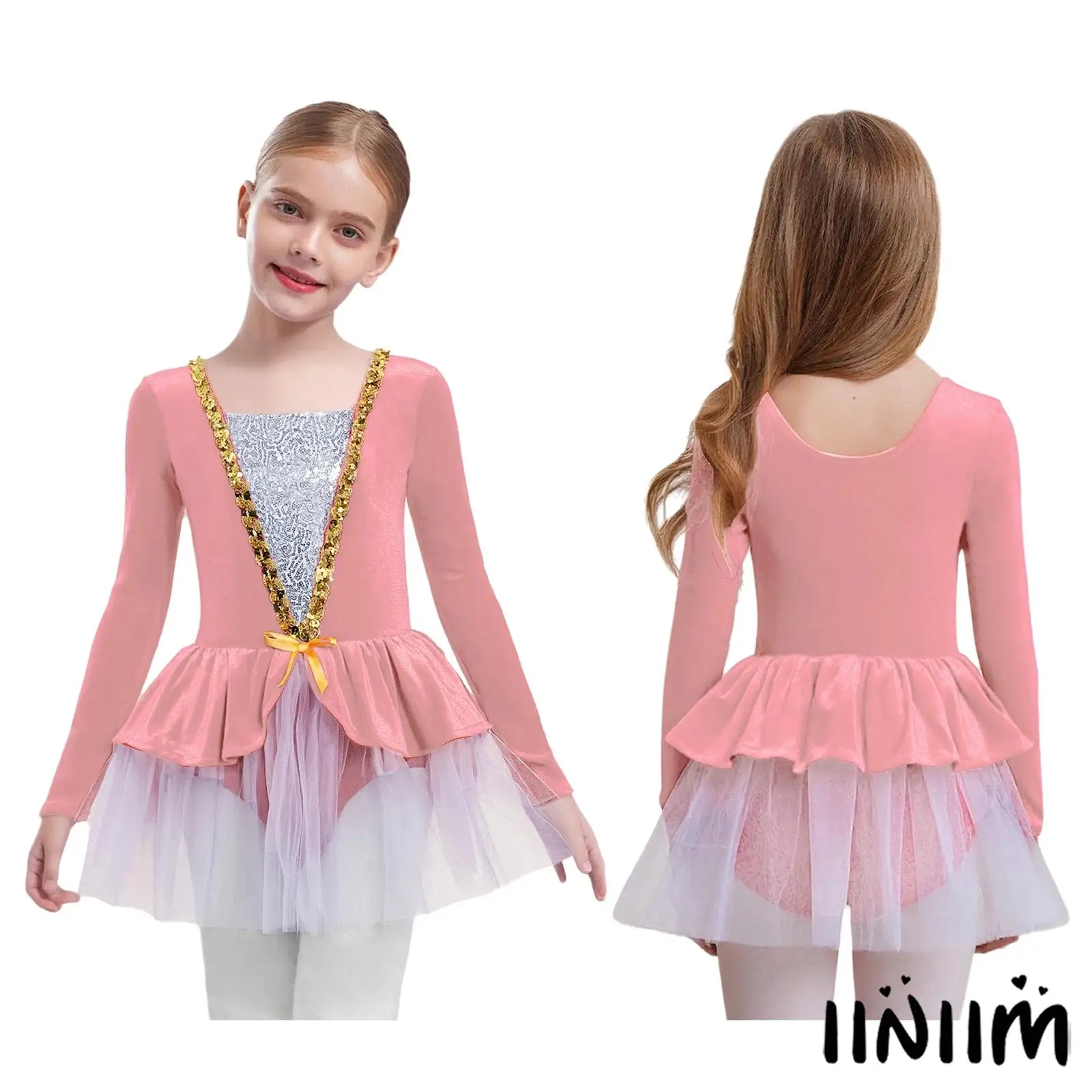 

Girls Figure Ice Skating Dress Long Sleeves Shiny Sequins Tutu Dresses Ballet Latin Modern Ballroom Dance Performance Costume