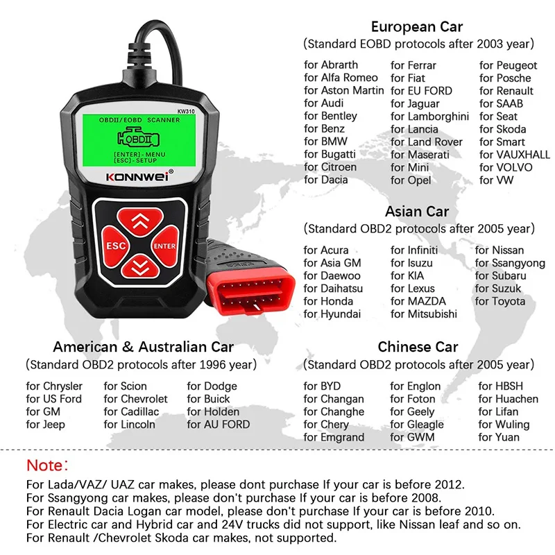 2024 KONNWEI KW310 OBD2 Scanner Auto Diagnostic Tools OBDII EOBD Code Reader For 12V Car DiagnosIs PK CR3001 CR3008 ELM 327