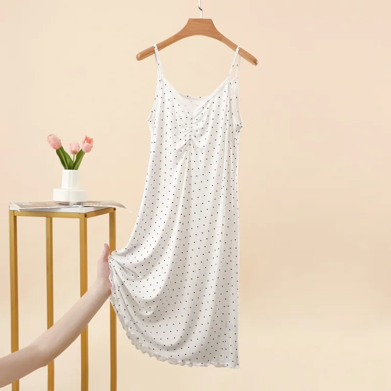Modal Fashion Lace Lace V-Neck Strap Skirt Small Polka Dot Sleeping Skirt Loose Look Slimming Dress Women Suspenders Pajamas