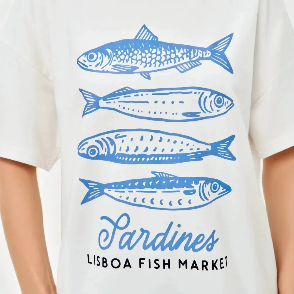 Trendy Cotton T Shirt Summer Loose Fit Ocean Fish Print Casual Crewneck Short Sleeve Breathable Soft Stylish Top