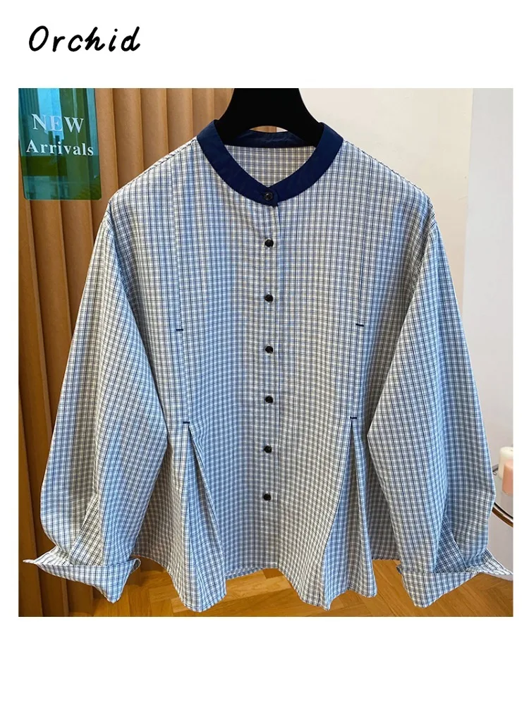 

Casual Long Sleeve Round Nekc Plaid Patchwork Baggy Shirts 2025 Winter Women's Vintage Classic Office Lady Basics Blouse