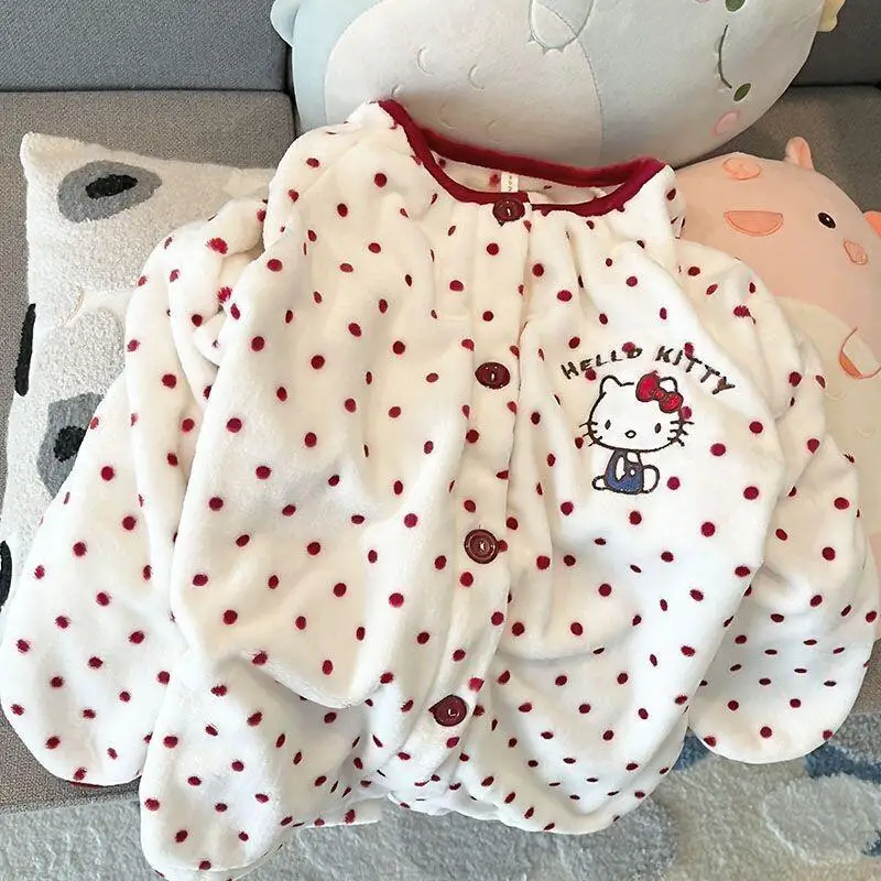 

Комплект домашней одежды Sanrio Hello Kitty из кораллового флиса для женщин, для студентов, зимний, для дома и улицы, в горошек, милый, в японском стиле