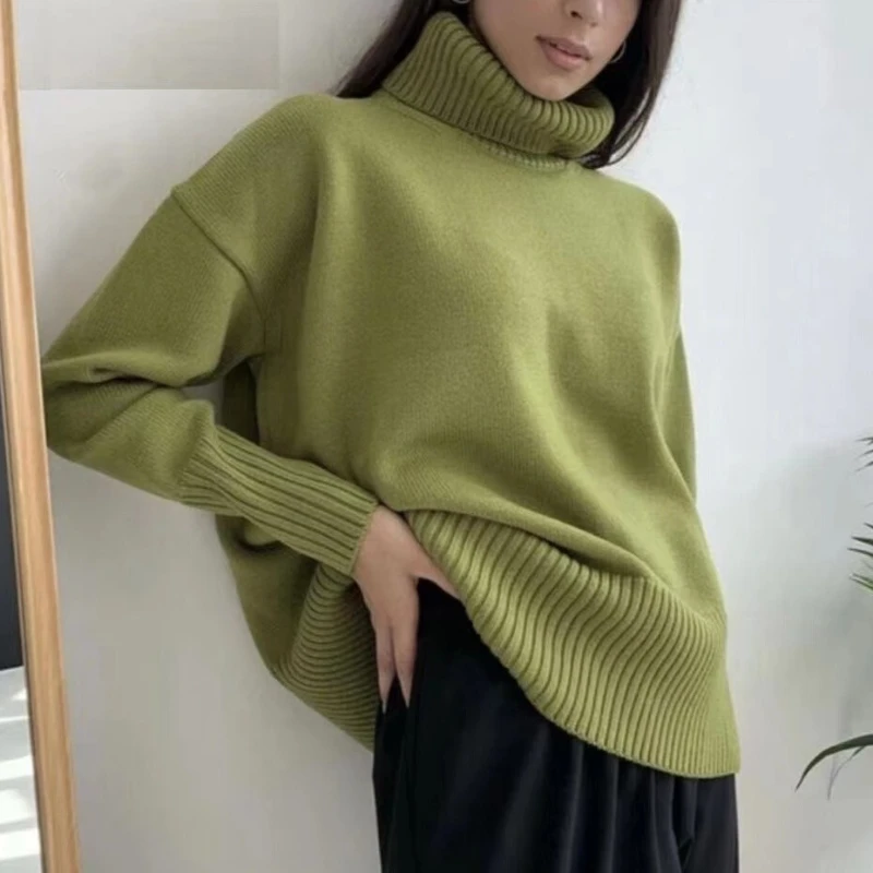 

2025 Autumn and Winter Fashion New Women's Elegant Knitted Hoodie Thickened Warm Wool High Collar Long Sleeve Loose Sweater