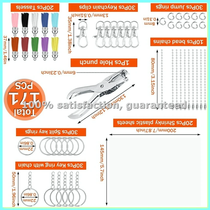 171 Pcs Shrinky Plastic Sheets Keychain Kit, with Key Chains Making Kit Key Rings, Tassels, Hole Punch for Keychains-ABFB