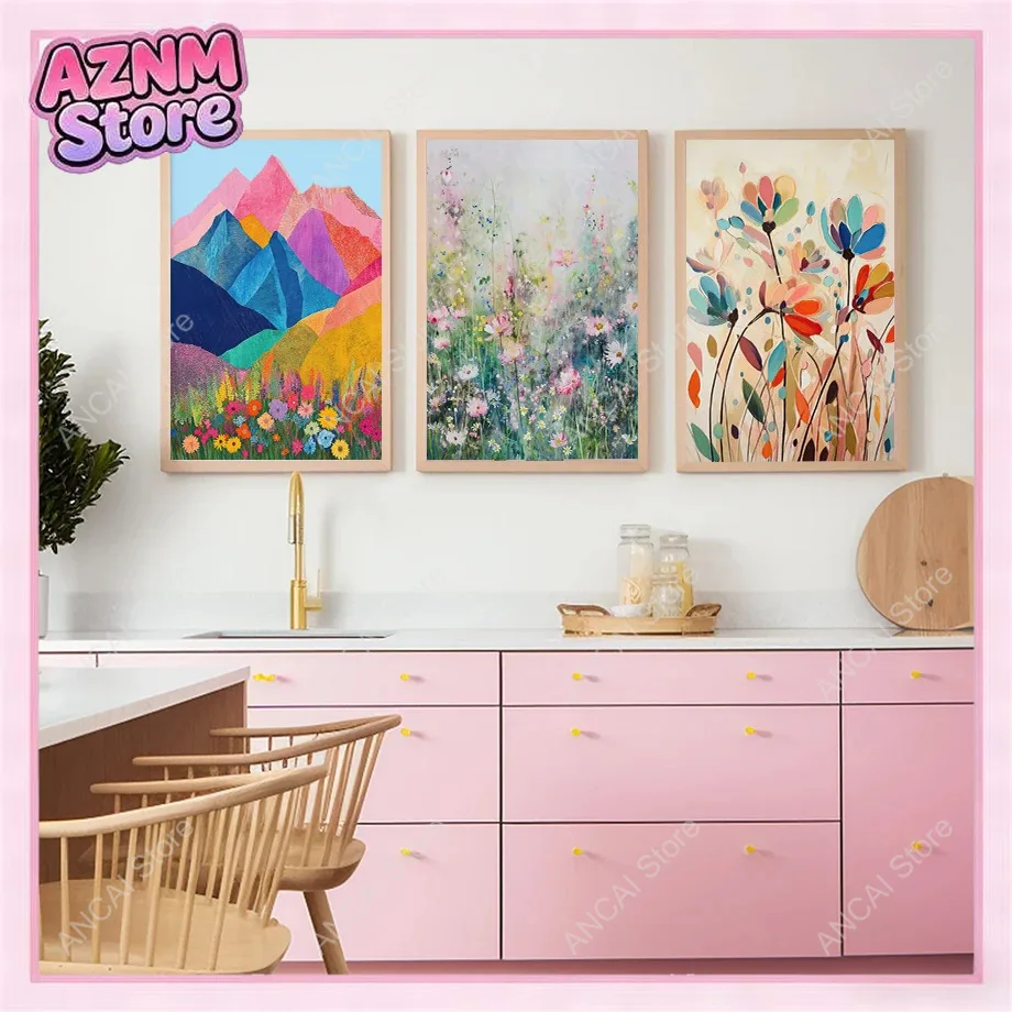 Abstrakte Illustrationskunst, abgelegene Berge, Blumen, bunte Natur, Landschaft, Poster, Wandkunst, Leinwandgemälde, nordische Raumdekoration