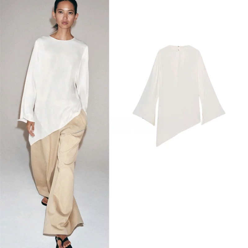 

Spring New Women's Knot Belted round Ne Long Sve Silk Satin Feel Asymmetrical Top Casual Sle Slim Fit Polyes...