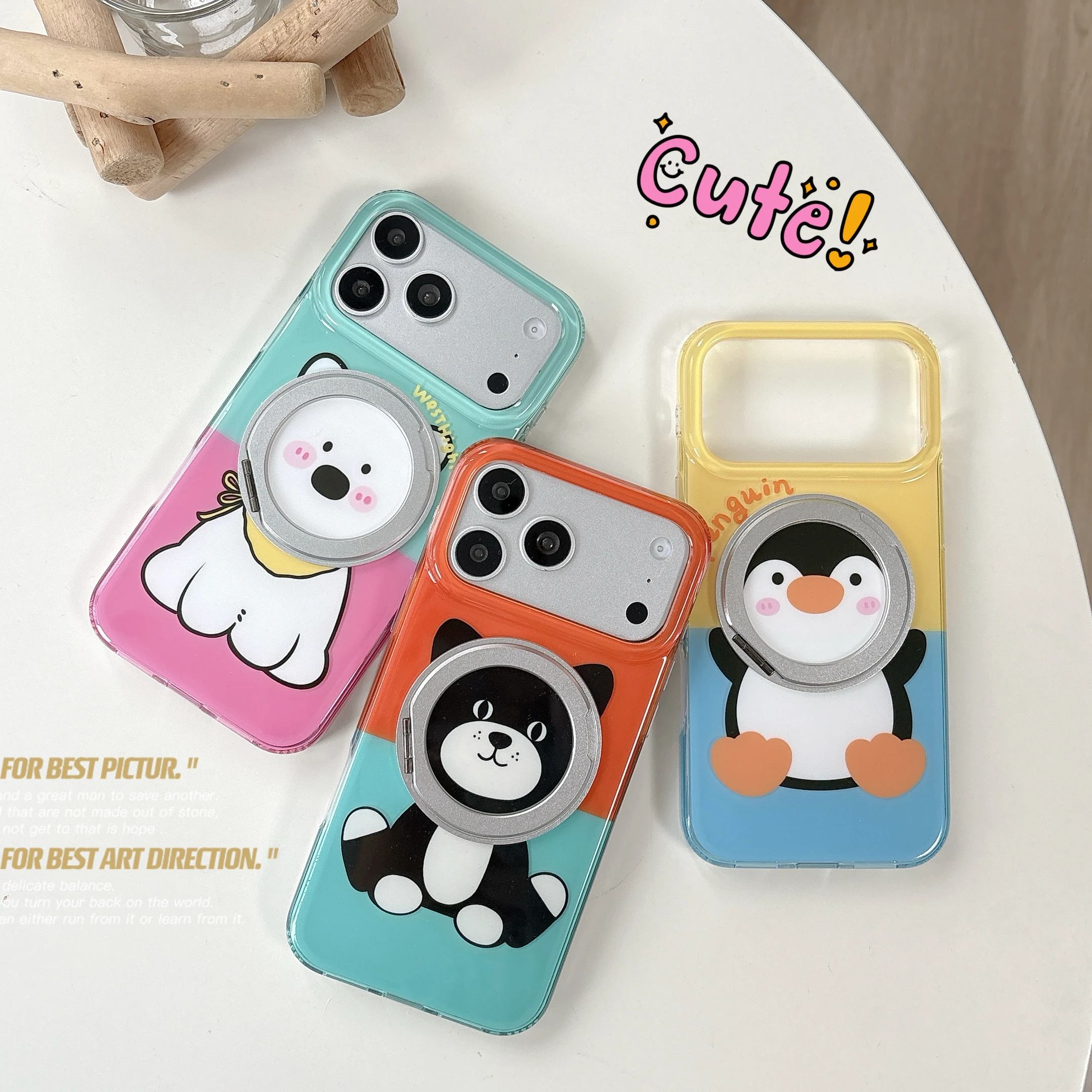 Cartoon Animal With Magnetic Phone Case For iPhone 17 16 15 Pro Max White Bear Black Cat Penguin Print Glossy Shockproof Cover