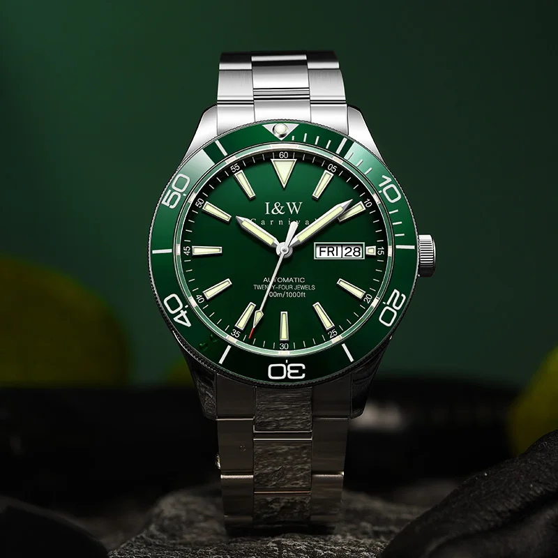 Montre CARNIVAL Herren-Taucheruhr Luxuriöse Edelstahl-Sport-Automatikuhr 300M Wasserdichte Armbanduhr für Männer Reloj