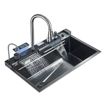304不鏽鋼廚房水槽,帶數位顯示瀑布式水龍頭,多功能75*45公分大單槽鯨魚水槽 8 最佳銷售 廚房水槽瀑布 - №3