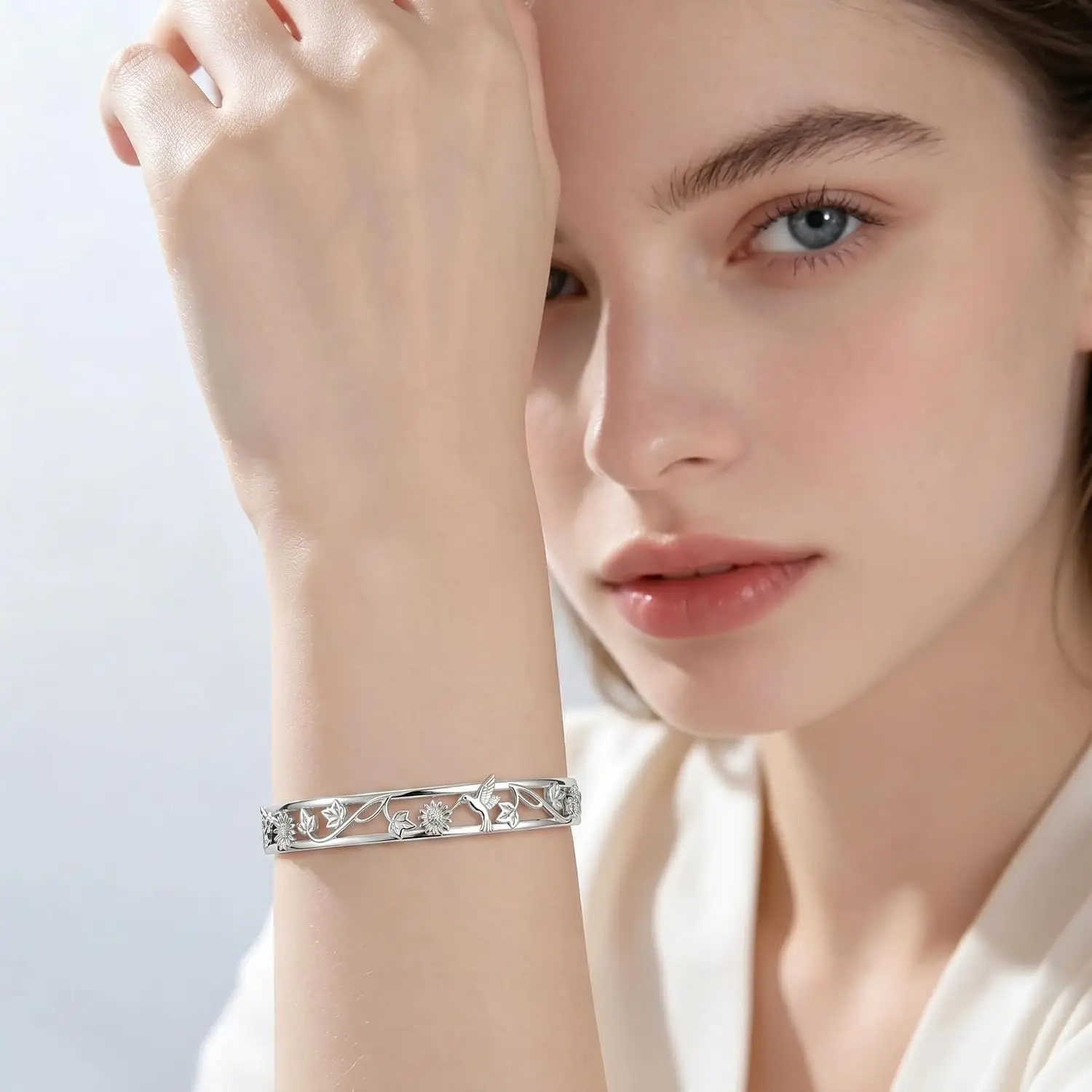 Hummingbird Sunflower Adjustable Open Bangle Bracelet Jewelry | 18K White Gold Plated Cuff Bangle for Women , Ideal Gift Jewelry for Christmas, Valentine’s Day and birthday presents