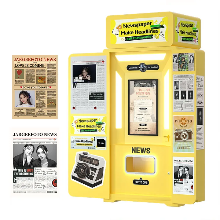 Newspaper and magazine photo kiosks with printers and cameras for party and dance decorations