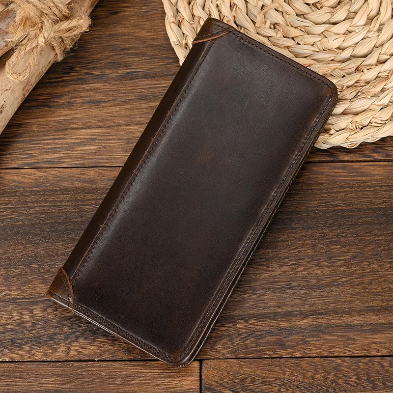 Vintage Style Long Leather Wallet Men's Bifold Wallet Top Layer Cowhide Wallet Simple Design Wax Oil Leather Wallet