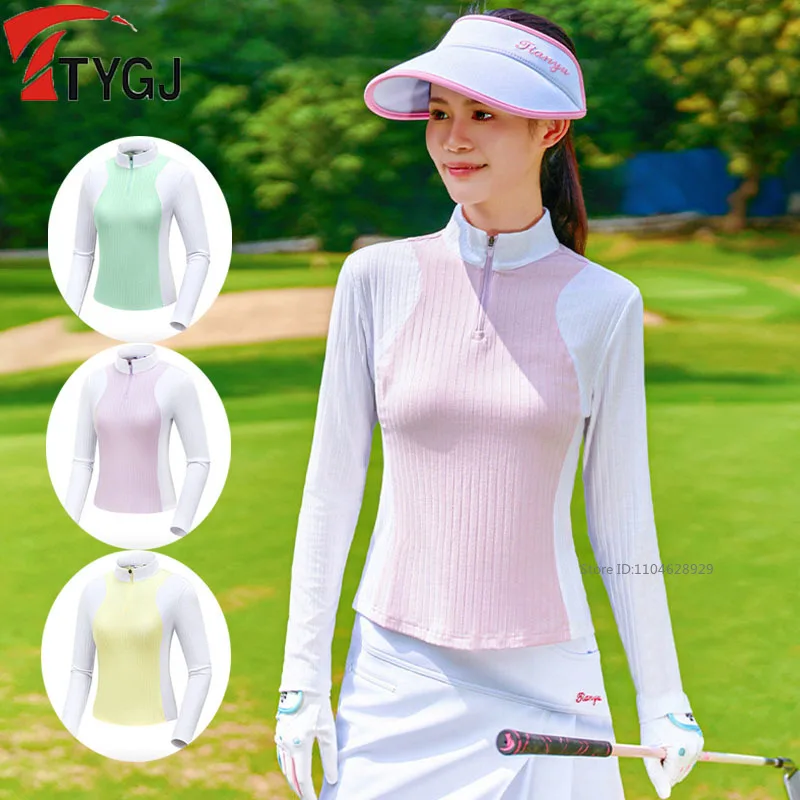 TTYGJ New Spring Women Golf Jersey Long Sleeve Slim Tops Female Breathable Contrast Color Shirts Ladies Zipper Collar Golf Wear
