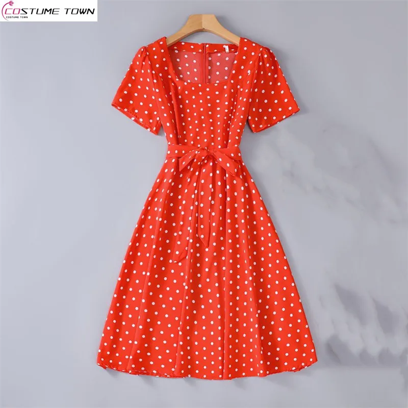 

2024 Spring/Summer New Korean Edition Printed Fragmented Flower Dot Square Neck Celebrity Lace Up Women's Dress