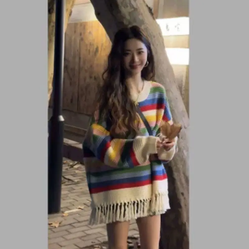

Girl Lazy Style Knitwear Autumn and Winter Thicken Loose Rainbow Stripe Tassel Hood Sweater Dopamine New Style Wholesale New Hot