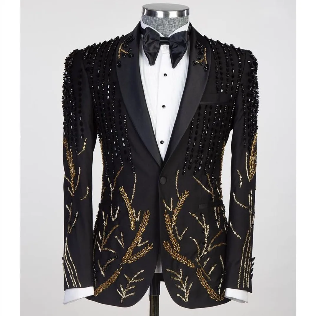 Luxury Men's Suits Tailored 2 Pieces Blazer Pants One Button Sheer Satin Lapel Appliques Beads Diamonds Custom Made Plus Size