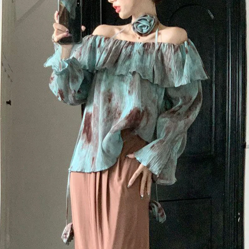 Oversized Vintage Tie Dye Ruffles Gradient Color Lacing Loose Slash Neck Long Sleeve Blouse Femme Fashion Pleated Trend Top Tee