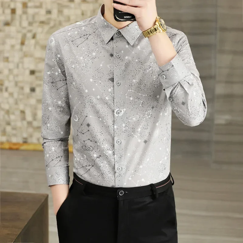 LIBIELIY Men's Men's Business New Printed Handsome Long Sleeved High End Shirt, Slim Fit Trend, Non Ironing Inch Shirt, Casual S