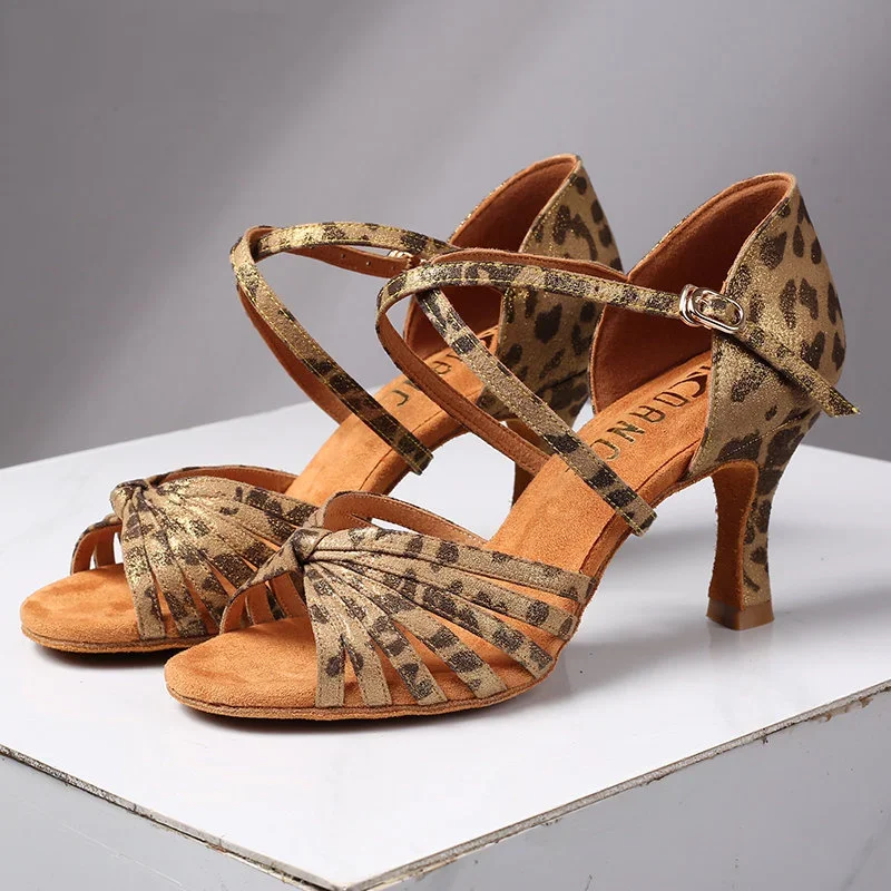 Hot sale Latin dance shoes National standard dance shoes Tango women's professional high heel dance shoes Leopard