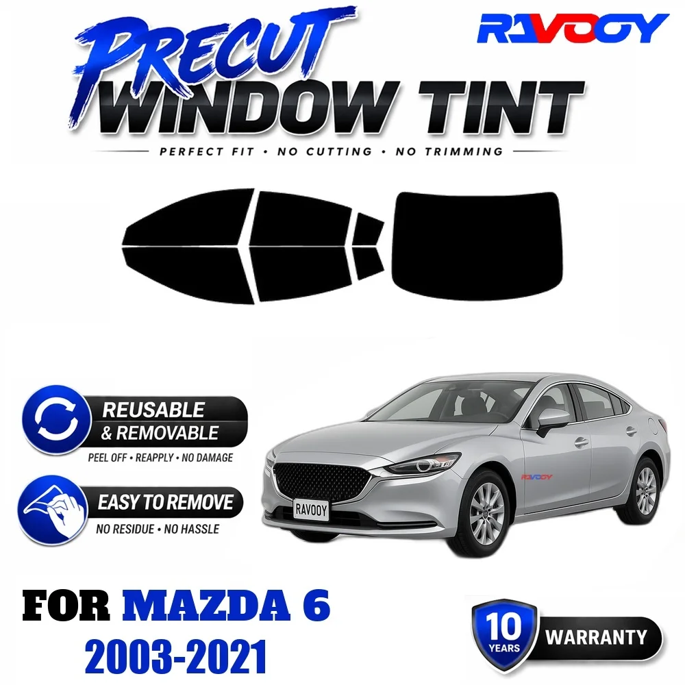 RAVOOY Precut Window Tint, Reusable Removable EPU Film, Custom Fit for Mazda 6 2003-2021, UV Heat Protection