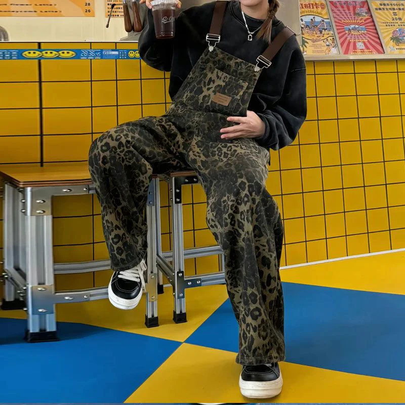 Meisjes chique hoge taille jumpsuit jeans dame vintage mode overalls broek vrouwelijke baggy luipaard wijde pijpen denim broek
