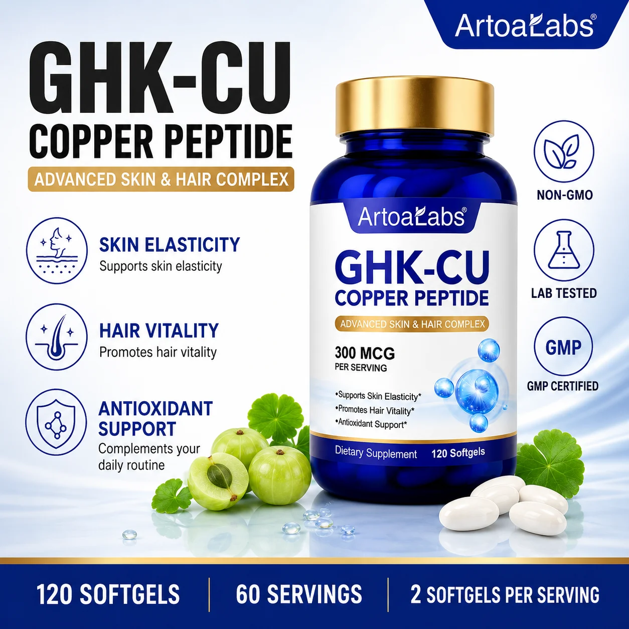 Artoalabs GHK-CU Copper Peptide Softgels for Skin Elasticity Support and Hair Vitality, Biotin + Hyaluronic Acid, 120 Softgels