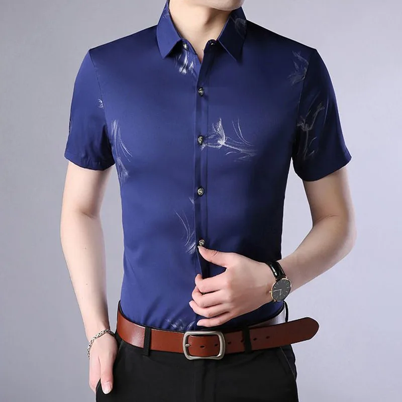 Tendência moda impressa camisa masculina de peito único verão coreano casual confortável manga curta polo-pescoço camisa roupas masculinas