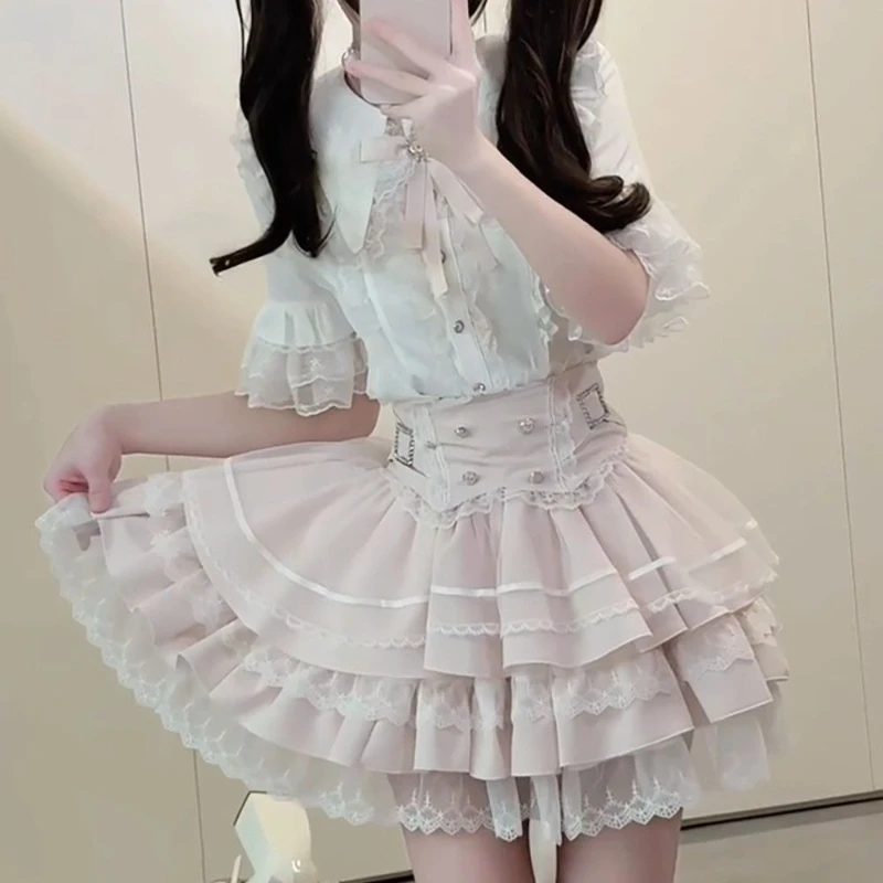 2026 Japanese Sweet Short Skirt Sets Women Kawaii Bow Puff Short Sleeves Shirt Y2k Aesthetic Layered Mini Skirts Lolita Full Set
