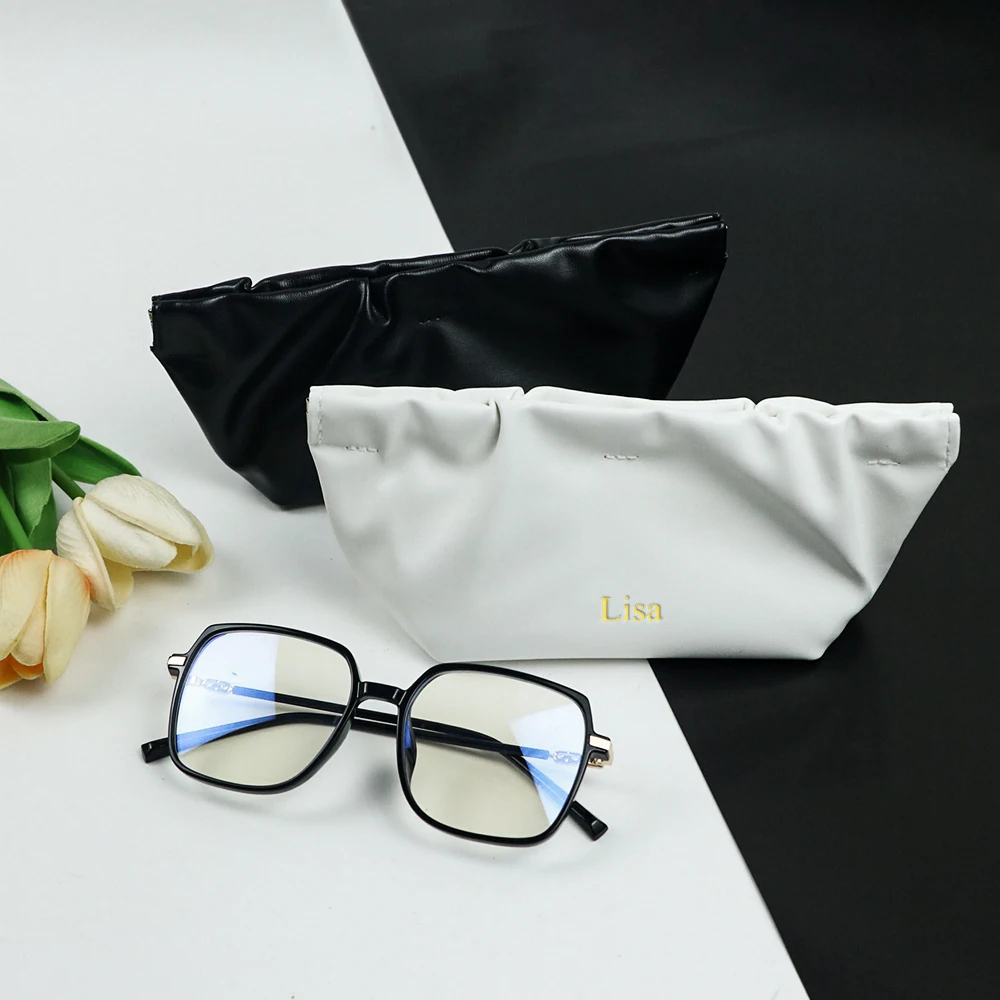 Customized Name PU Leather Spring Eyeglass Case Protective Box Portable Cloud Bag Simple Daily Business Handbag