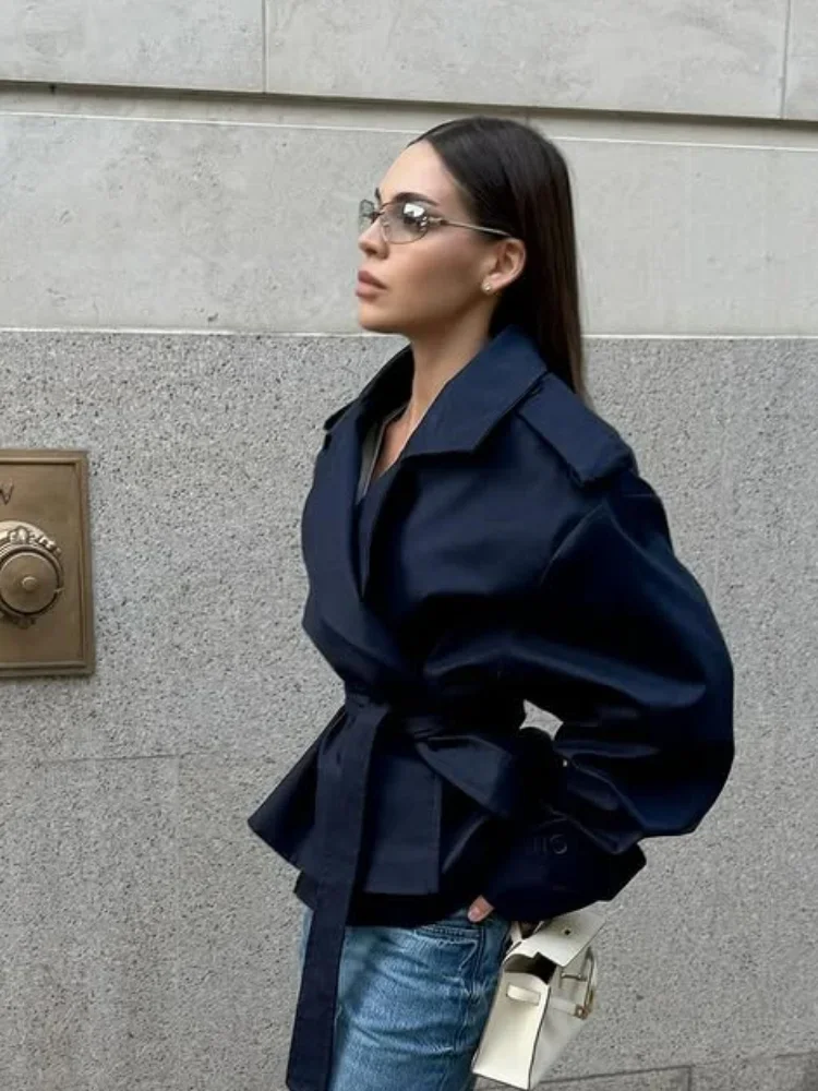 Cropped Lace-up Blue Casual Trench Coat Women Lapel Long Sleeve Wide Shoulder Windbreaker Jacket Fall Commute Daily Streetwear