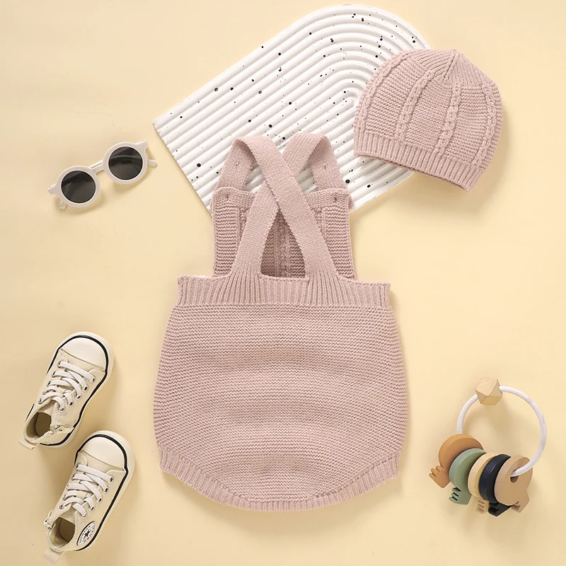 Baby Bodysuits Knit Infant Boy Girl Jumpsuit Sleeveless Summer Newborn Kid Sling Clothes Hat Fashion Solid 0-18M 2pcs Top Romper