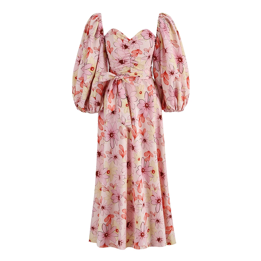 

Fashion Women's Wear Flora Printed Lantern Sleeve Mid Length Sleeve Chiffon Dress Female Temperament 2024 Spring New