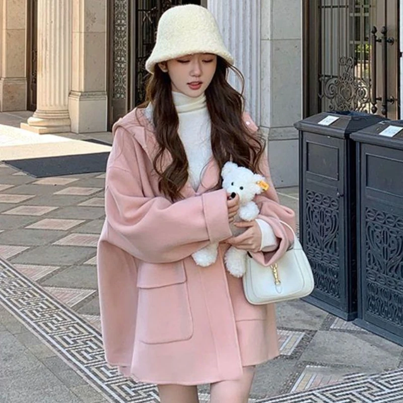 Misto con cappuccio Cappotto dolce invernale da donna Baggy delicato stile coreano Temperamento estetico Accogliente streetwear Tasche alla moda Ragazze universitarie