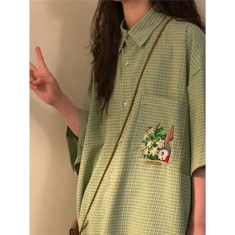 EBAIHUI Short Sleeved Bunny Embroidered Women's Blouses Green Checkered Shirts with Pocket Loose Lapel Girl's Versatile Tops